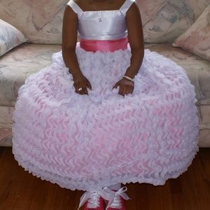 White & Pink Satin Ruffle Flower Girl Pageant Gown